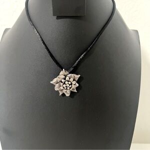Lotus Flower Oxidized Pendant Choker Necklace Black Cord Bohemian Casual Art